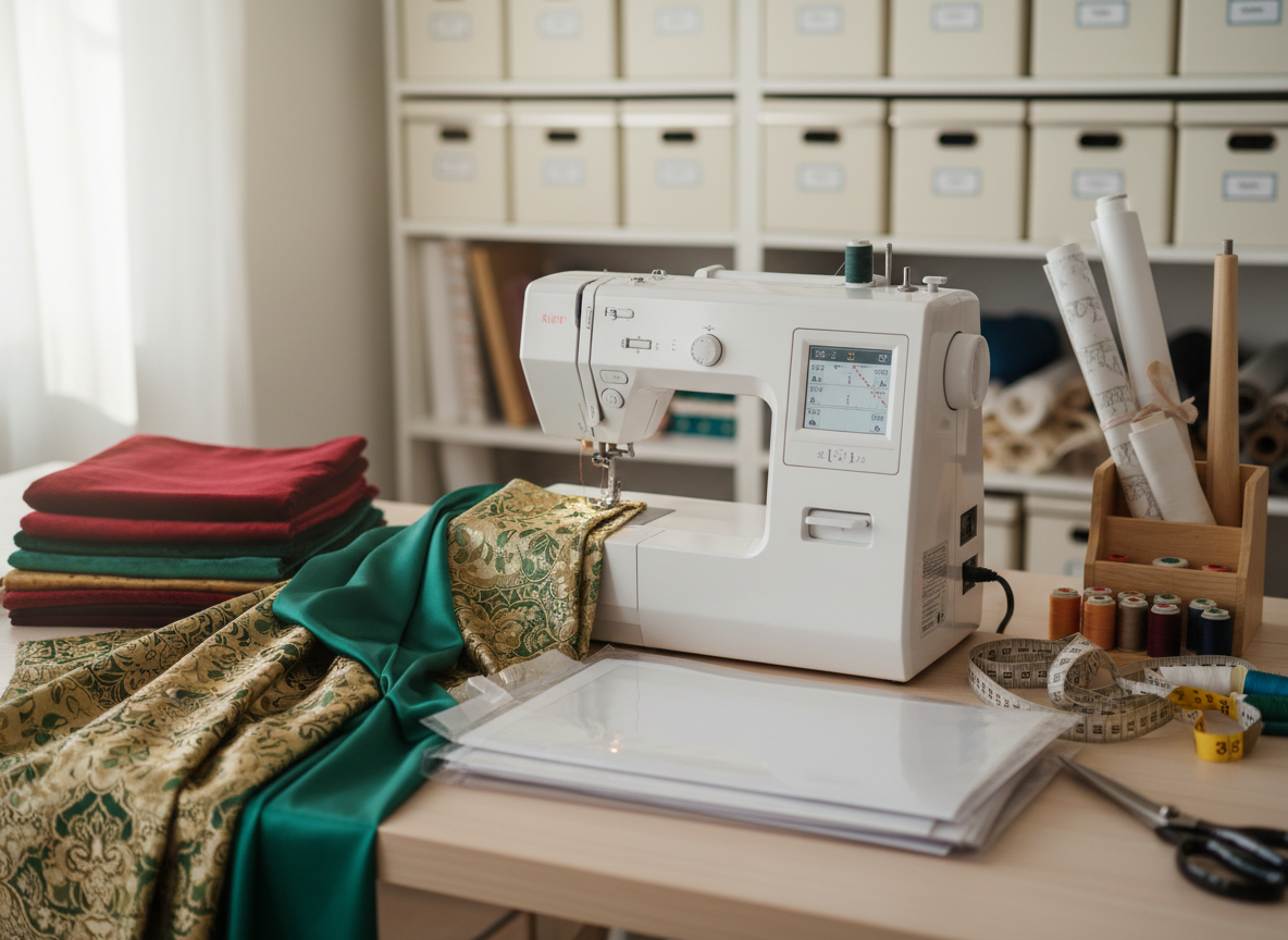 A meticulously organized sewing workstation designed for costume engineering, featuring a high-end computerized sewing machine in matte white, surrounded by neatly folded stacks of richly colored fabrics: velvet, satin, and brocade with intricate patterns. Transparent pattern envelopes and rolled paper patterns are arranged on a smooth, light wood table. Soft, diffused daylight enters from an unseen side window, creating gentle highlights on metal presser feet and thread spools while casting subtle shadows across measuring tapes and fabric shears. Photographic realism, shot at eye level with a slight angle, using shallow depth of field so the foreground tools are in crisp focus while the background shelves of labeled boxes blur softly, conveying a calm, professional, and inviting learning environment.